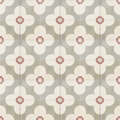 an abstract tile pattern with red and white circles on grey ground, suitable for wallpaper or floor covering