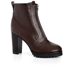 Step into timeless style with the Fern Ankle Boot. Its round toe and thick block heel ensure comfort without compromising on fashion. The front zip closure allows for easy wear, and the thick sole adds a touch of stability. Complete with back tabs for effortless on-and-off, this boot is perfect for any casual or chic ensemble. Bold and fiercely fashionable, no one does plus size fashion like City Chic. Loved around the globe for its diverse range of fashion-forward styles for any occasion. From Zipper Closure Round Toe Heeled Boots For Work, Round Toe Heeled Boots With Zipper For Work, Workwear Heeled Boots With Zipper Closure And Round Toe, Brown Zipper Closure Boots For Work, Trendy Brown Platform Boots With Zipper, Brown High Heel Boots With Zipper Closure, Trendy Brown Platform Boots With Zipper Closure, Brown Ankle Boots With Zipper Closure, Brown Ankle Heeled Boots With Zipper