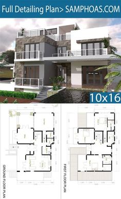 two story house plan with floor plans and measurements for each room in the same area