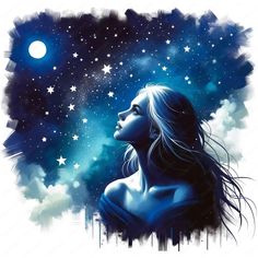 a painting of a woman looking up at the sky with stars and moon in the background