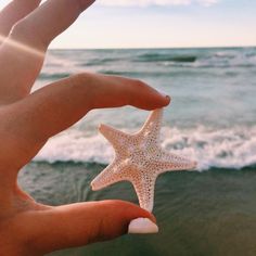 a person holding a starfish in their hand on the beach with waves crashing behind them