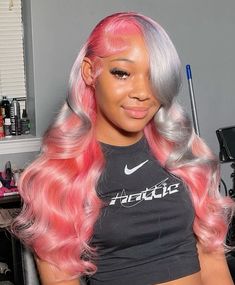 Pink And Grey Lace Front Wig, Pink Birthday Wig, Colored Wig Styles For Black Women, Grey And Pink Wig, Color Wigs On Dark Skin Women, Pink Wigs For Black Women, Wig Colors Black Women, Color Wig Install, Wigs For Black Women Color