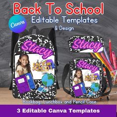 two back to school backpacks with the words stay safe and design on them in front of a chalkboard background