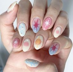 Stars Nails Design, Nail Ideas Colorful, Summer Nails Pastel, Sun Nail Art, Nails Summer Vibes, Korean Gel Polish, Nails Sun, Star Nail Designs, Korean Nail