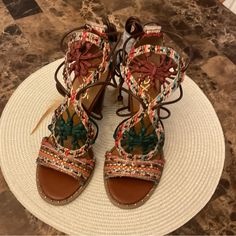 These Are Really Trendy Colorful Shoes / Heels With A Lace Around The Ankle. In A Size 37- New In A Box Very Boho Style Casual Multicolor Heels With Heel Strap, Multicolor Sandals With 4-inch Heel And Round Toe, Casual Multicolor Lace-up Heels, Colorful Shoes Heels, Retro Heels, Rose Gold Sandals, Manolo Blahnik Hangisi, Silver High Heels, Kitten Heel Shoes