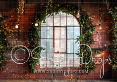 Warm Brick Garland Christmas Window Fabric Backdrop-Fabric Photography Backdrop-Snobby Drops Fabric Backdrops for Photography, Exclusive Designs by Tara Mapes Photography, Enchanted Eye Creations by Tara Mapes, photography backgrounds, photography backdrops, fast shipping, US backdrops, cheap photography backdrops Themed Photography, Cake Smash Backdrop, Fabric Photography, Christmas Mini Sessions, Garland Christmas, Studio Backdrops, Christmas Backdrops, Fabric Backdrop, Christmas Window