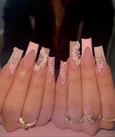 Cute Pink Quinceanera Nails, Quince Nail Inspo Pink, Xv Pink Nails, Light Pink Nails Quince, Light Pink Quinceanera Nails, Nails For Quinceanera Pink, Blush Quince Nails, Nails Prom Pink, Pink Quinceanera Nails Medium