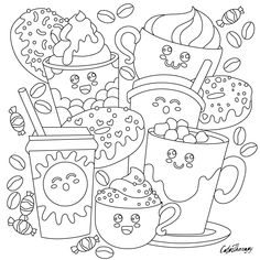 a coloring page with coffee cups and donuts