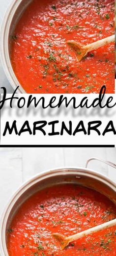 homemade marinara sauce in a pot with wooden spoons and text overlay that reads homemade marinara