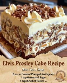 an advertisement for elvis's pesey cake recipe