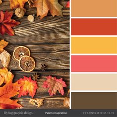 an autumn color scheme with oranges, yellows and red leaves on the table