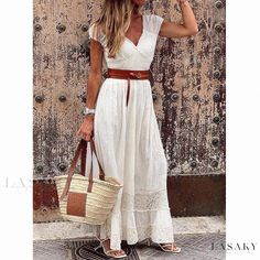 Lasaky - Fashionable Pure Color Long Dress with Lace Accents at the Waist White Non-stretch Maxi Dress For Vacation, White Non-stretch Maxi Dress For Day Out, Casual White Boho Maxi Dress, Casual Fitted White Boho Dress, White Fitted Casual Boho Dress, White Fitted Boho Dress Casual Style, Fitted White Boho Casual Dress, Look Formal, Estilo Hippie