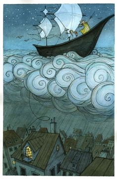 a painting of a boat sailing in the ocean with clouds and stars above it,