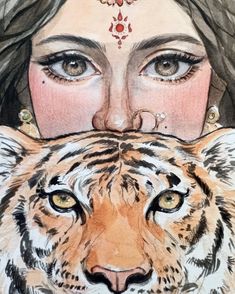 a drawing of a woman with a tiger on her shoulder and the face of a tiger behind her