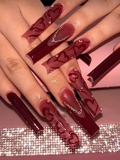 Red Nails For Valentines Day, Nails For Valentines Day, Nails For Valentines, Aura Nail, Winter Nail Art Designs, Aura Nails, Red Acrylic Nails, Grunge Nails, Girly Acrylic Nails