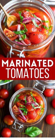 jar of marinated cherry tomatoes with fresh basil and red onion Marinated Cherry Tomatoes Recipe, Marinated Cherry Tomatoes, Cherry Tomato Recipes, Green Salads, Marinated Tomatoes, Leafy Green Salads, Pickling Recipes, Tomato Recipes