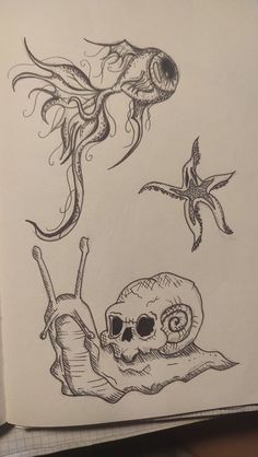 a drawing of an octopus and skull on paper