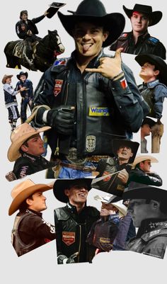 a collage of people in cowboy hats and leather jackets, with one man giving the thumbs up