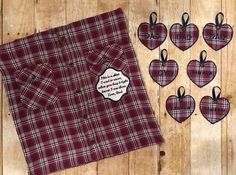 the shirt is red and white plaid with hearts on it, along with other pieces of clothing