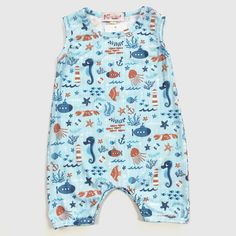 Introducing the Sutton Sea Spray Baby Boy Romper, perfect for keeping your little one looking cool and feeling comfy this summer! With its ocean-inspired print and light, airy fabric, it's the perfect choice for keeping him looking ship-shape all season long. Ahoy, matey! These adorable summer rompers are a perfect boutique style and they have easy access with a snap bottom! Measures 0/6 mo - 14.5 inches long & 9 inches wide 6/12 mo - 16 inches long & 10 inches wide 12/18 mo - 17 inches long & 1 Casual Cotton Bubble Romper For Beach, Printed Bubble Romper For Summer, Casual Blue Bubble Romper For Playwear, Casual Blue Bubble Romper For Summer, Casual Printed Bubble Romper For The Beach, Blue Summer Bubble Romper For Beach, Playful Blue Bubble Romper For Summer, Sleeveless Printed Bubble Romper For Summer, Playful Cotton Bubble Romper For Beach