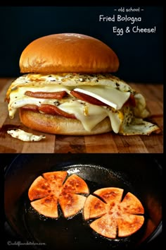 an egg and cheese sandwich is shown in this collage