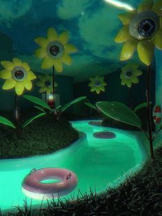 an animated scene with flowers and a body of water