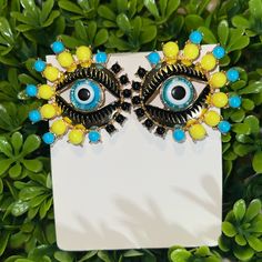 Beautiful Bold Evil Eye Earrings Yellow And Blue, Gold And Black. Measurements In Photos Fun Blue Jewelry For Summer, Fun Blue Summer Jewelry, Vibrant Blue Earrings For Party, Vibrant Blue Earrings For Summer, Vibrant Blue Summer Earrings, Cheap Blue Evil Eye Earrings, Blue Round Evil Eye Earrings, Evil Eye Earrings, Eye Earrings