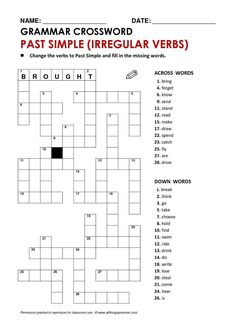 a crossword puzzle with the words past simple irregular verbs in red and black