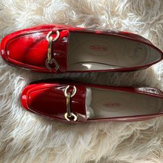 Worn Once. Classic Red Flats For Work, Elegant Red Flats For Fall, Classic Red Loafers For Fall, Classic Red Slip-on Flats, Classic Red Flats For Fall, Red Flat Loafers For Spring, Elegant Red Slip-on Flats, Elegant Red Almond Toe Flats, Elegant Red Loafers With Flat Heel