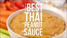 the best thai peanut sauce is in a white bowl