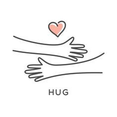 two hands are holding a heart and the word hug is written in black on a white background