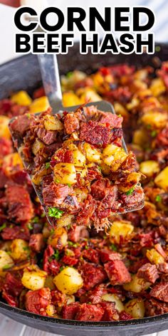 corned beef hash browns in a cast iron skillet with text overlay that reads corned beef hash browns