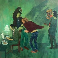 a painting of people sitting in chairs with one person on his lap and the other standing up