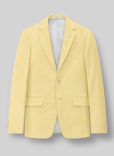 A bold take on wool jackets, our Napolean Yellow Wool jacket style helps create a slender silhouette while also remaining comfortable and versatile. Crafted from wool blend, the yellow hue adds a certain air of imagination and fun to the whole piece while still looking cool and masculine. Pair it with a matching waistcoat and trousers, a white shirt and tanned shoes for a dapper finish.  Look Includes   Napolean Yellow Wool Fabric  Two Button Jacket Style  Notch Lapel  Corzo Beige Buttons  Single Vent  Three Cuff Buttons    Click 'Customize Now' to modify the look if needed.   Lining: Viscose, Dry Clean. Yellow Tailored Suit For Semi-formal Occasions, Yellow Fitted Blazer For Semi-formal Occasions, Yellow Notch Lapel Suit For Work, Yellow Notch Lapel Suits For Work, Yellow Formal Blazer With Suit Collar, Fitted Yellow Blazer For Business, Tailored Yellow Suit With Notch Lapel, Yellow Tailored Suit With Notch Lapel, Yellow Fitted Blazer For Work