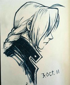 a drawing of a girl with ponytails and a jacket on her head, looking to the side