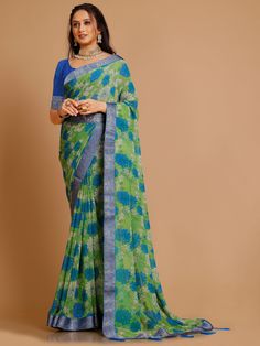 Priya Georgette Floral Printed Brocade Border Saree Soft easy to wear georgette fabric. Beautiful floral print with stone Brocade border Comes with waist belt. Comes with unstitch blouse fabric. Effortlessly elegant and versatile, the Priya Saree is the perfect addition to any wardrobe. Made from soft and lightweight Georgette fabric, it features a stunning floral print and intricate brocade border. Floral Print Georgette Traditional Wear, Green Floral Print Traditional Wear For Navratri, Traditional Green Chiffon Saree, Green Floral Print Saree For Navratri, Green Chiffon Saree With Unstitched Blouse, Green Georgette Saree With Bandhani Print, Fitted Green Saree With Printed Border, Green Bandhani Print Traditional Wear, Border Saree