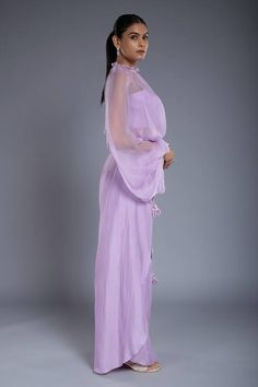 Lavender kaftan with bishop sleeves. Comes with palazzo with sequins and beaded hand embroidered tassels. - Aza Fashions Diana Penty, Eid Party, Palazzo Set, Cocktail Reception, Luxury Sale, Bishop Sleeve, Modern Bride, Set For Women, Aza Fashion