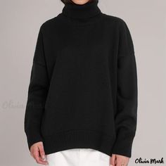 Olivia Mark - Classic Loose Knit Sweater with Solid High Neck Black Relaxed Fit Soft Knit Outerwear, Relaxed Fit Black Soft Knit Outerwear, Oversized Black Workwear Sweater, Black Knit Outerwear With Relaxed Fit, Oversized Black Sweater For Work, Black Knit Relaxed Fit Outerwear, Black Relaxed Fit Knit Outerwear, Black Tops For Cold Weather In Fall, Cozy Black Top For Cold Weather