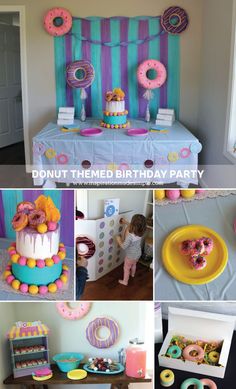 donuts themed birthday party with pink, blue and yellow decorations