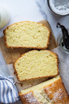 two slices of pound cake on a cutting board