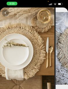 two photos side by side one has a white plate and the other has goldware