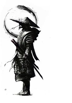 a black and white drawing of a person with a hat on holding two swords in their hands