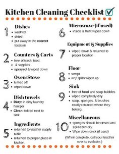 the kitchen cleaning checklist is shown here