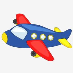 a blue and red airplane with yellow wheels