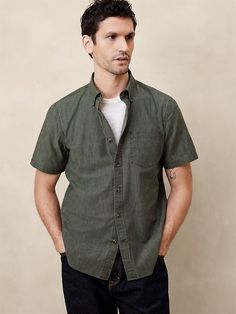 Frosted Coated Chambray Shirt | Banana Republic Factory Vegas Outfit, Chambray Shirt, Chambray, Banana Republic, Cotton Shirt, Short Sleeves, Clothes