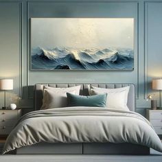 a large painting on the wall above a bed in a room with blue walls and white furniture