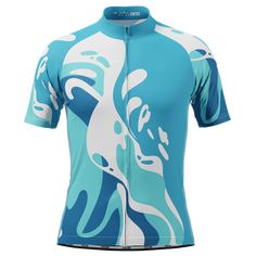 a blue and white cycling jersey with an abstract design