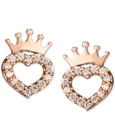 For princesses-in-training, these sparkly Disney heart and crown stud earrings with cubic zirconia accents. Rose Gold Cubic Zirconia Heart Cut Earrings, Valentine's Day Rose Gold Heart Earrings With Cubic Zirconia, Rose Gold Cubic Zirconia Heart Earrings For Valentine's Day, Rose Gold Heart Cut Earrings With Diamond Accents, Fine Jewelry Rose Gold Heart Earrings For Pierced Ears, Rose Gold Heart Earrings With Diamond Accents, Rose Gold Heart-shaped Cubic Zirconia Earrings, Heart Shaped Rose Gold Earrings With Diamond Accents, Heart-shaped Rose Gold Earrings With Diamond Accents