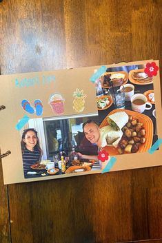 an open book with pictures of people and food on the cover is sitting on a wooden table