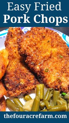 fried pork chops on a plate with green beans